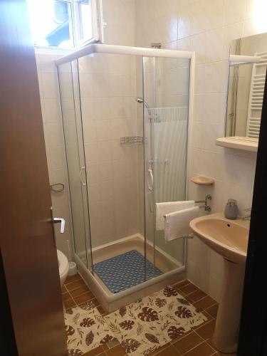 a shower with a glass door in a bathroom at Anda vendégház in Harkány