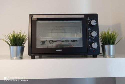 a microwave oven sitting on a counter with two potted plants at CasaMarè in Taranto