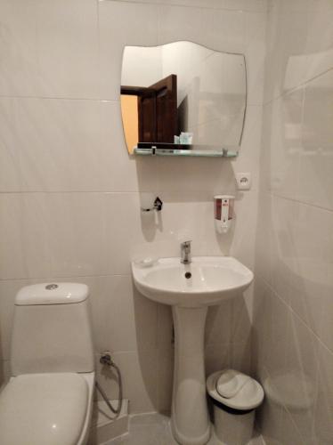 a bathroom with a sink and a toilet and a mirror at Hotel Diplomat in Tbilisi City