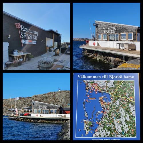 a collage of three pictures of a building and a boat at Skärgårdsidyll på Björkö med gångavstånd till havet in Skarvik