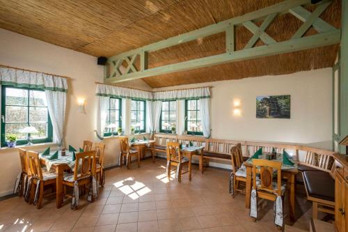 a restaurant with tables and chairs and windows at Pension Kräutermühlenhof Burg in Burg