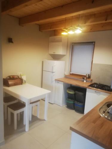 a kitchen with a white table and a white refrigerator at Domek w Cisnej pod Honem 2 in Cisna
