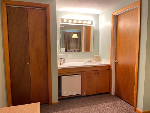 een badkamer met een wastafel en een spiegel bij Viking Shores Motor Inn in Eastham