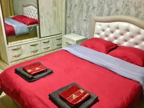 Schlafzimmer mit einem Bett mit roter Bettwäsche und einem Spiegel in der Unterkunft Welcome Genatsvale in Tbilisi City