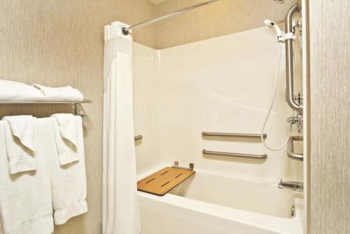 a bathroom with a white tub and towels at Holiday Inn & Suites Green Bay Stadium by IHG in Green Bay