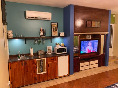 a living room with a kitchen with a tv and a counter at Family Guest House in Quebradillas