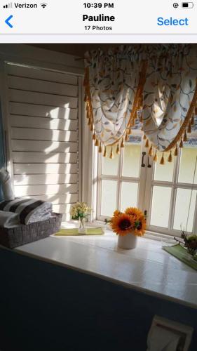 a window with a curtain and flowers in a room at Poolside Mystic Apt 9A in Ocho Rios