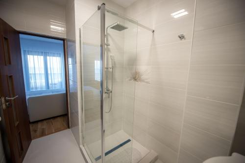 een badkamer met een douche en een glazen deur bij Black Sea Booking - Munchen in Mamaia Nord – Năvodari