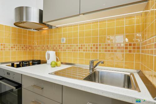 eine Küche mit einer Spüle aus Edelstahl und orangefarbenen Fliesen in der Unterkunft Mljet 2 You - seafront apartment 2+2 in Sobra