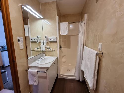 une petite salle de bain avec un lavabo et une douche dans l'établissement Amross Court, à Christchurch