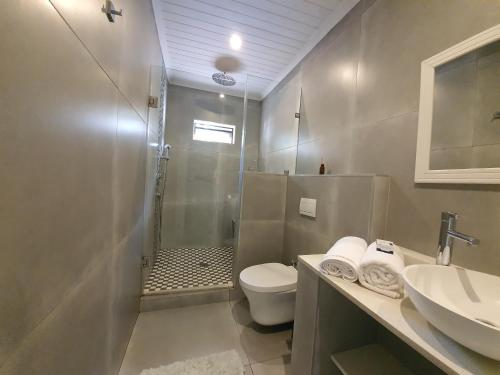 een badkamer met een douche, een toilet en een wastafel bij Guest house on Gillian Unit 1 in Ballito