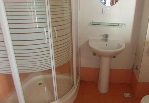 a bathroom with a shower and a sink at Room in Lodge - Harlescourt Hotels and Suites Asaba in Asaba