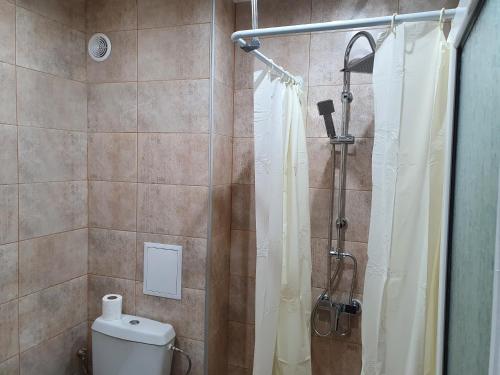 uma casa de banho com um chuveiro, um WC e uma cortina de chuveiro. em Family Hotel Lazuren Briag em Burgas