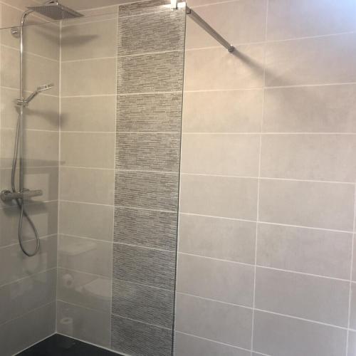 une salle de bain avec une douche avec une porte vitrée dans l'établissement Blacksmiths Cottage in Blanzay - 3 beds, à Blanzay