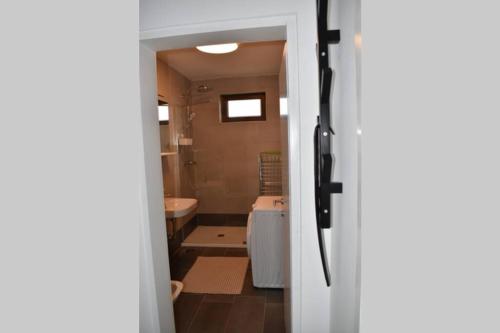 La salle de bains est pourvue de toilettes, d'un lavabo et d'une porte. dans l'établissement Apartman WALKOW, à Vukovar