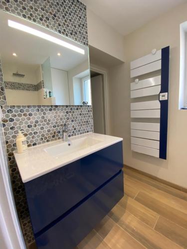 La salle de bains est pourvue d'un lavabo blanc et d'un miroir. dans l'établissement Le Pavillon de l'Hermitage - Spa ouvert d'Avril à Octobre, à Tain-lʼHermitage