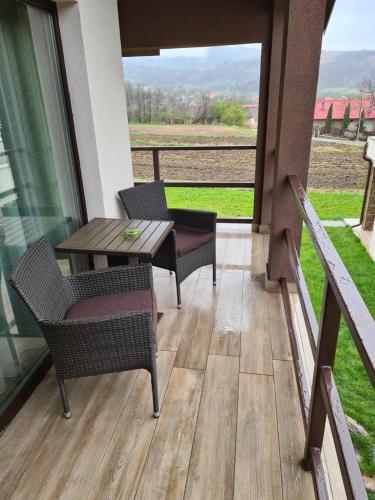 a balcony with a table and chairs and a view at Pensiunea Patru Anotimpuri in Sasca Română
