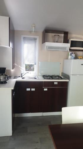 a kitchen with brown cabinets and a white refrigerator at Camping Parc des 7 fonts in Agde