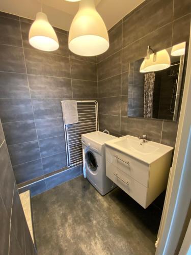 y baño con lavadora y lavamanos. en Appartement du Val de Loire, en Tours