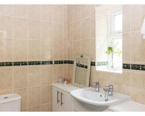 a bathroom with a sink and a toilet and a mirror at The Bull Inn in Bourne