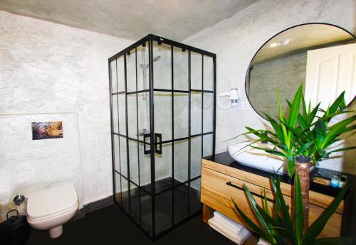 a bathroom with a toilet and a sink and a mirror at Beşiktaş Konuk Evi Hotel in Istanbul