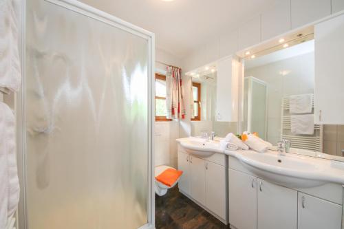 a bathroom with a shower and a sink and a mirror at Chalet Eder in Leogang