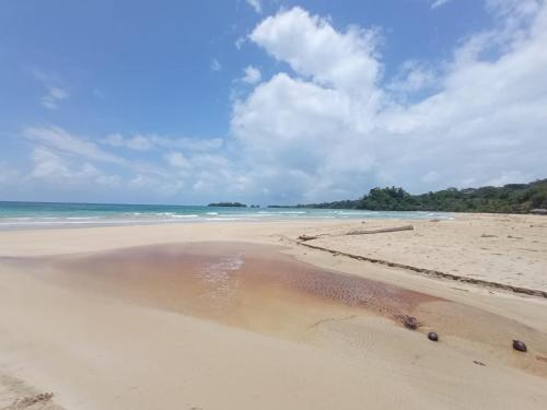 an empty beach with the ocean in the background at La Luciernaga Big Creek in Bocas del Toro