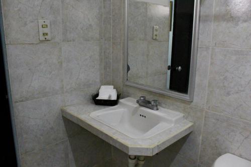La salle de bains est pourvue d'un lavabo et d'un miroir. dans l'établissement Hotel El Cid, à Mérida