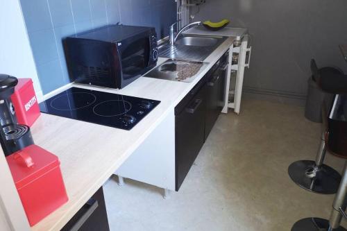 un comptoir de cuisine avec un micro-ondes et un évier dans l'établissement Logement entier Saint brieuc centre, à Saint-Brieuc