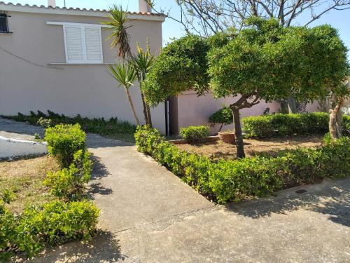 a sidewalk in front of a house with trees and bushes at Giannis Stella apartment in Mourteri