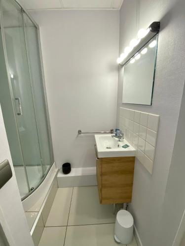 une salle de bain blanche avec un lavabo et une douche dans l'établissement Le Hublot - Meublé Tourisme Classé 3 étoiles, à Cherbourg en Cotentin