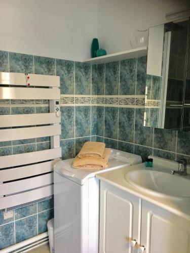 une salle de bain avec une machine à laver et un lavabo dans l'établissement LE BON ENDROIT en bord de mer, vue mer , parking et wifi, à Wimereux