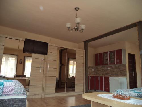 a living room with a mirror and a kitchen at Penzion u Šmídů Náměstí in Jaroslavice
