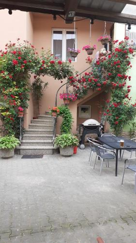 a patio with flowers and stairs in a building at Penzion u Šmídů Náměstí in Jaroslavice