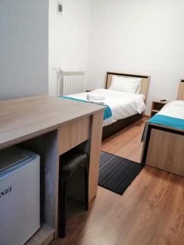 a room with a bed and a desk with a bed sidx sidx sidx at Pensiunea Corina Tulcea in Tulcea