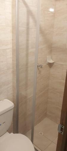 a bathroom with a shower with a toilet at Hospedaje Sary House in Bogotá