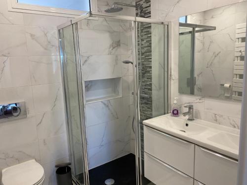 ein Bad mit einer Dusche, einem Waschbecken und einem WC in der Unterkunft Appartement à Esmoriz de 3 pièces - 72m2 in Esmoriz