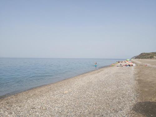 a group of people on a beach near the water at Giannis Stella apartment in Mourteri