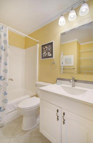 a bathroom with a sink toilet and a mirror at Nothing But Ocean in Forest Beach in Hilton Head Island