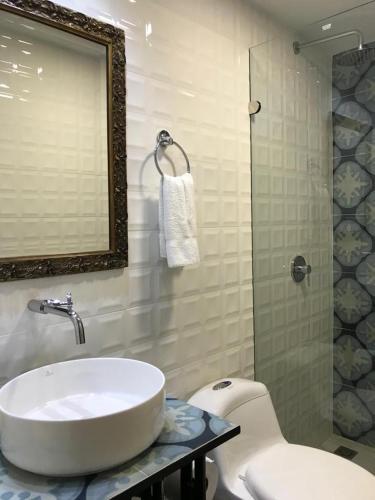 a bathroom with a sink and a toilet and a mirror at Magic Garden House in Cali