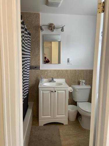 a bathroom with a sink and a toilet and a mirror at NYZLH长岛Hofstra Universit民宿 in Hempstead