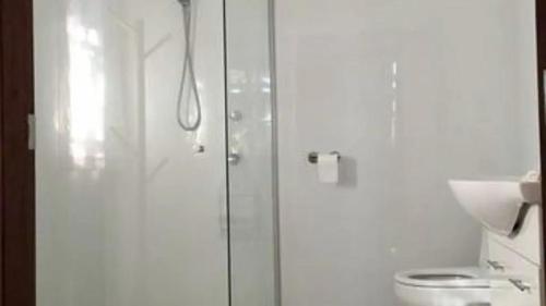 ein weißes Bad mit einer Dusche und einem WC in der Unterkunft Potters Cottage in Bellingen