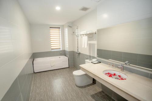 uma casa de banho com um lavatório, um WC e um espelho. em MOMALI Hotel Ninh Binh em Ninh Binh
