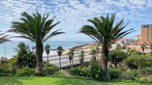 a view of a beach with palm trees and a highway at Brookes Hill Suites no 51 in Port Elizabeth