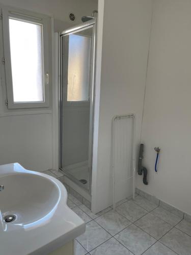 une salle de bain blanche avec une douche et un lavabo dans l'établissement François Mitterand, à Elbeuf
