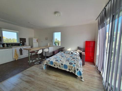 une chambre avec un lit et un bureau et une cuisine dans l'établissement Grempoup's Home, à Saint-Gély-du-Fesc