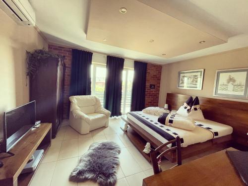 1 dormitorio con 1 cama, 1 silla y TV en Apartment Klet en Sisak