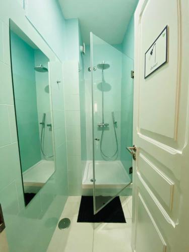 a bathroom with a shower with a toilet and a glass door at Green Heart Hostel in Lisbon