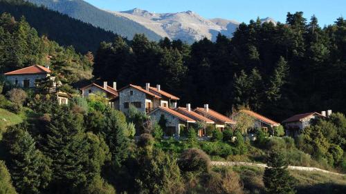 eine Gruppe von Häusern an der Seite eines Berges in der Unterkunft Georgio's V Chalet Kalavrita in Kalavryta