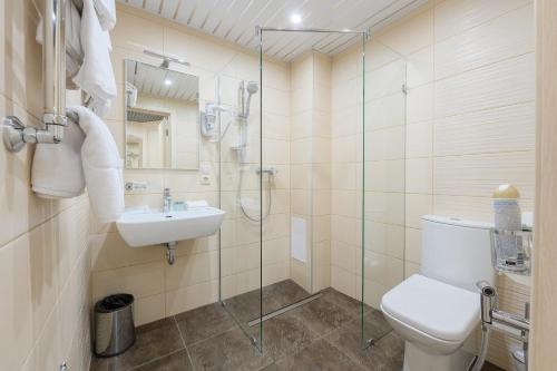 y baño con aseo, lavabo y ducha. en Ilinka Hotel en Vladimir